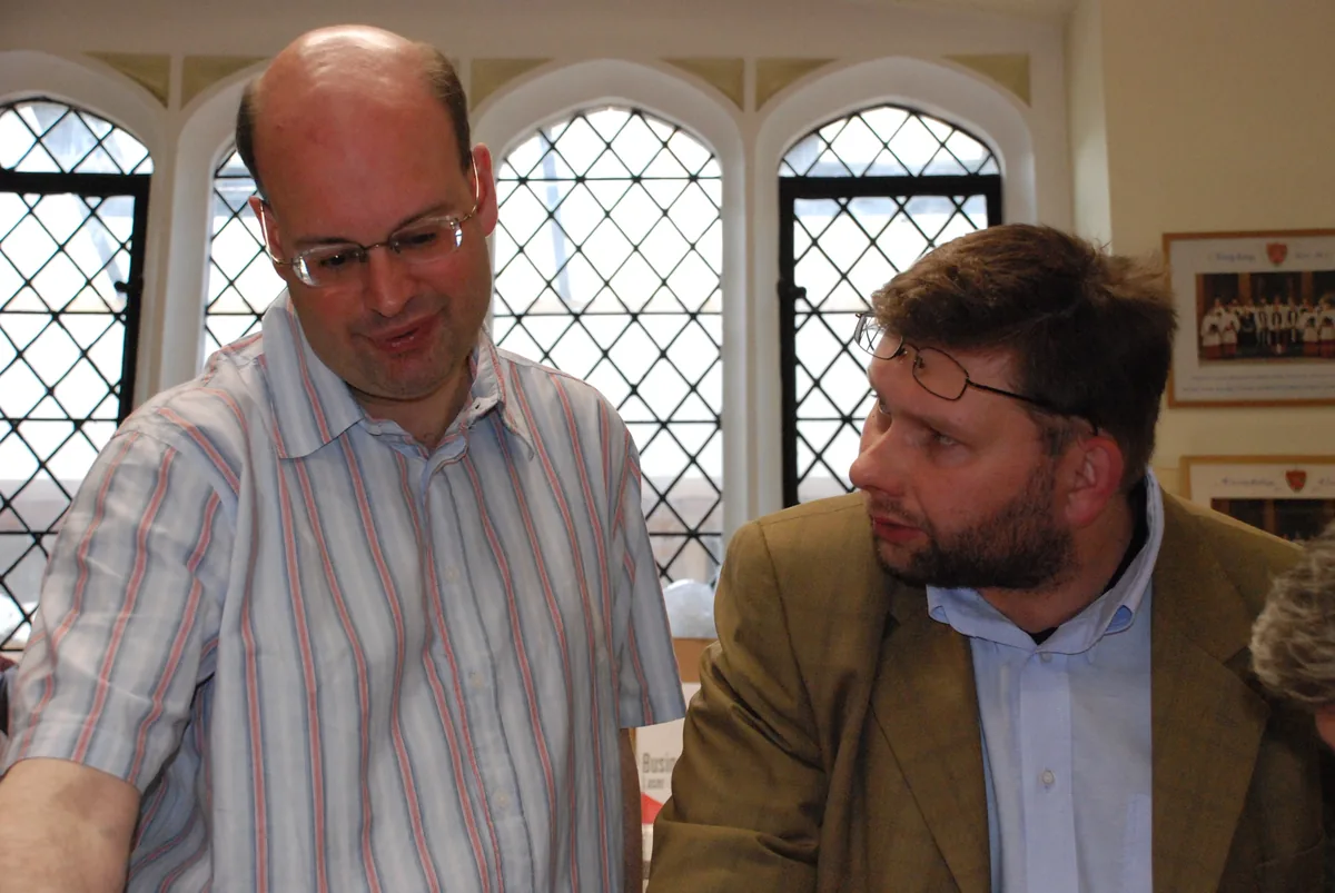 Stephen Layton and Paweł Łukaszewski together in the vestry of Trinity College Chapel, Cambridge, during the Hyperion recording sessions in July 2007
