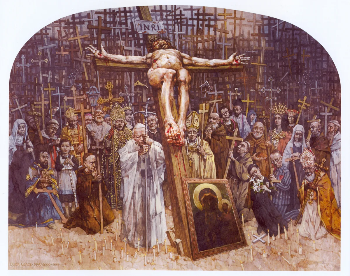 Jerzy Duda-Gracz, The Golgotha of Jasna Góra, Station 12: ‘Dying’, painted in 2000 and 2001 for the monastery of Jasna Góra, Częstochowa., Pope John Paul II stands at the foot of the cross beside the icon of the Black Madonna of Częstochowa, among figures from Polish history: bishops, monks, nuns, c